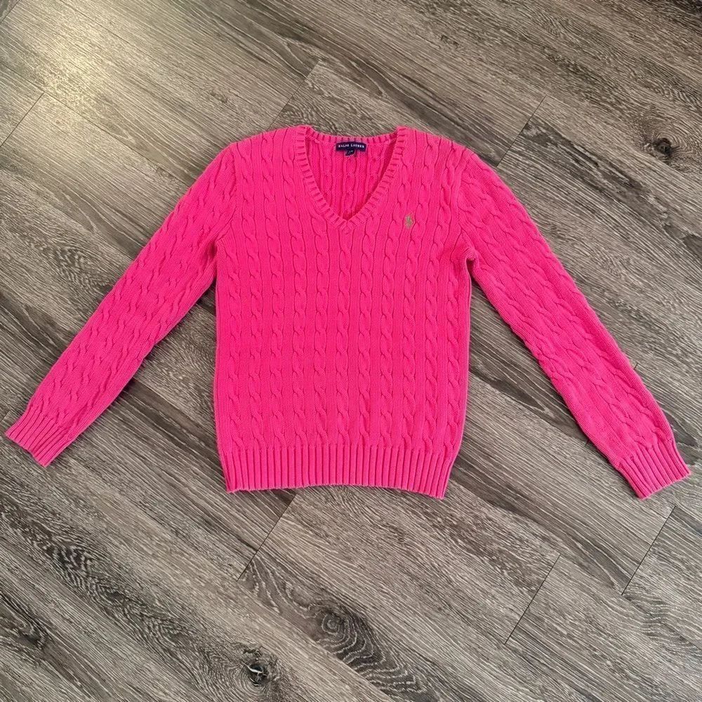 Ralph Lauren Bright Pink Cotton V Neck Cable Sweater